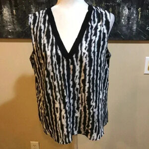 Worthington Black White Striped Print V Neck Sleeveless Tank Career Top L